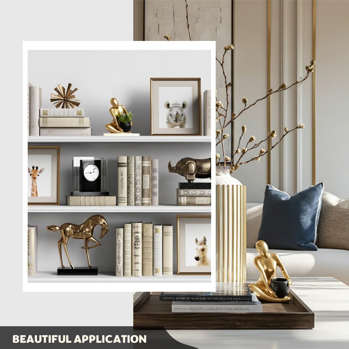 Senea Kay Modern Abstract Statue with Removable Faux Succulents Plants – Resin Figurine Home Decor Accents, Coffee Table Shelf Styling. Collectible Art Luxury Gift Items Woman thinker sculpture (Gold)