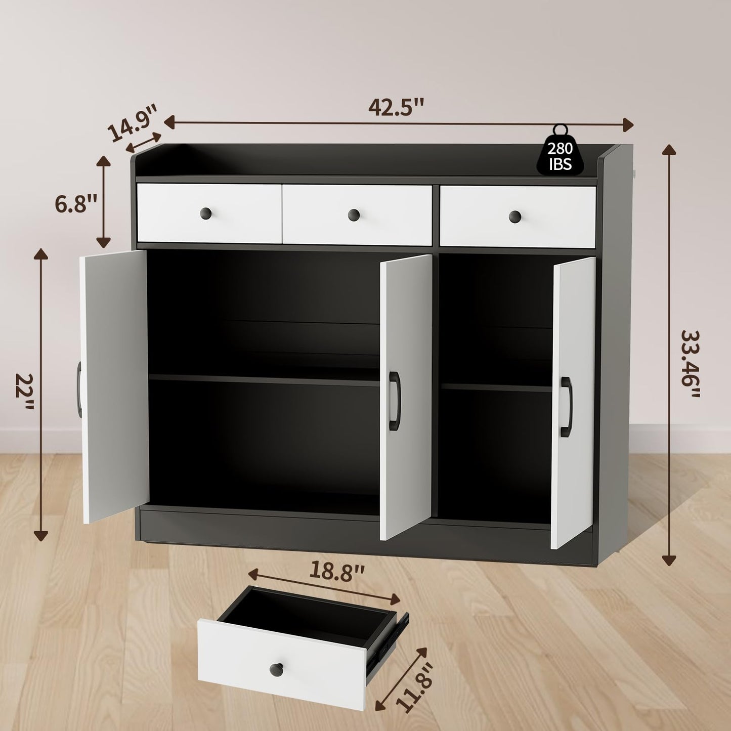 GarveeHome 42.5 in Sideboard Buffet Cabinet with Storage, Wooden Kitchen Storage Cabinet with Adjustable Shelf, Modern Coffee Bar Buffet Table for Living Room Entryway Dining Room