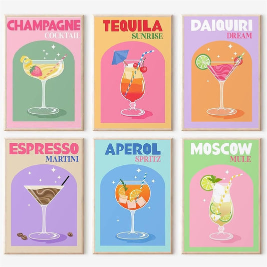 6 Pack Retro Cocktail Paint by Numbers Kit for Adults Beginner,Vintage Easy Paint by Number on Canvas,Acrylic oil watercolor Painting kit Arts and Crafts for Bar Party Room Wall Decor (8x12 inch)