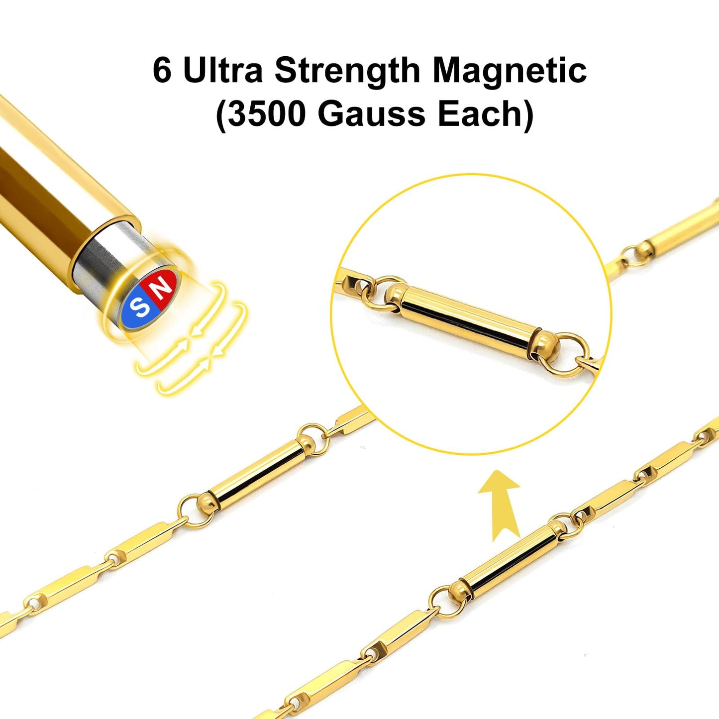JEROOT Titanium Steel Magnetic Necklace for Women Men Unisex, 6 Ultra Strength Column Magnetic Necklace for Neck Shoulder and Back, Necklace with Jewelry Gift Box (A-Gold)