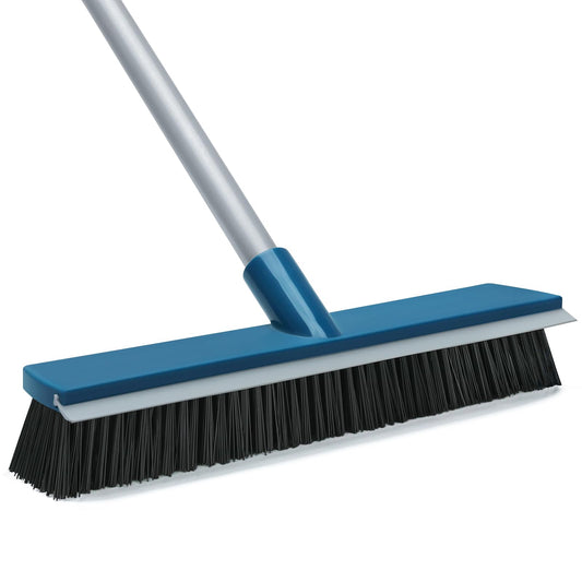16-Inch Push Broom Outdoor with Rubber Squeegee and 58" Long Handle, 2 in 1 Commercial Broom Brush with Stiff Bristles for Deck Patio Garage Warehouse Driveway Concrete Floor Cleaning Scrubbing
