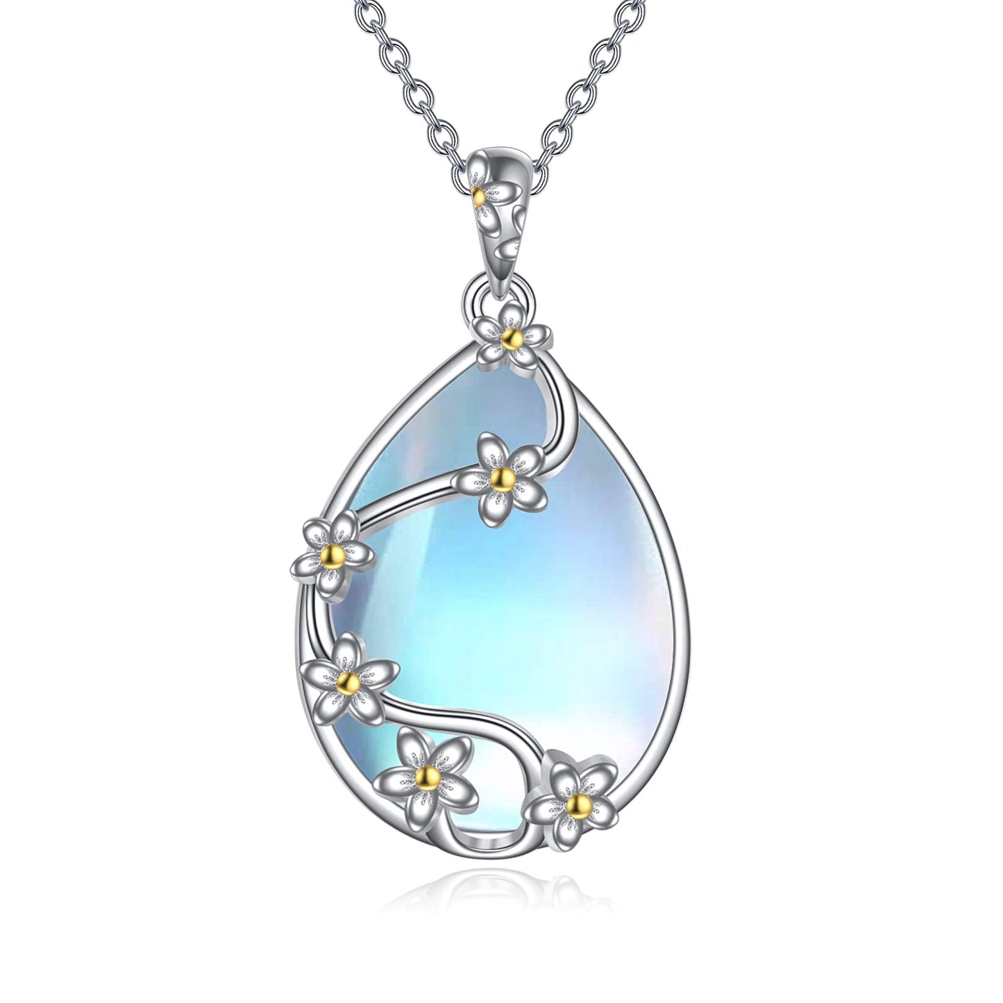YAFEINI 925 Sterling Silver Moonstone Necklace Filigree Teardrop Flower Pendant Necklace Jewelry for Women (H-Moonstone flower necklace)