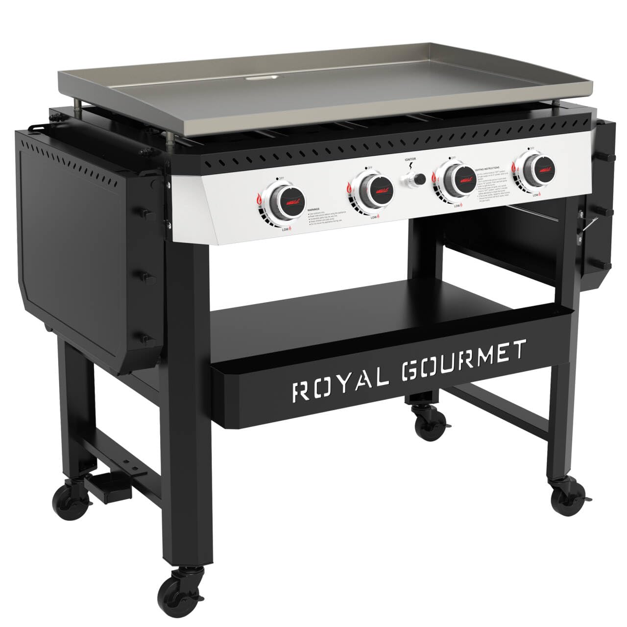 Royal Gourmet GB4007 4 Burner Propane Gas Griddle with Folding Side Tables, 34-Inch Flat Top Grill with 52,000 BTUs Output for Outdoor Cooking like Camping or Tailgating, Black & Silver