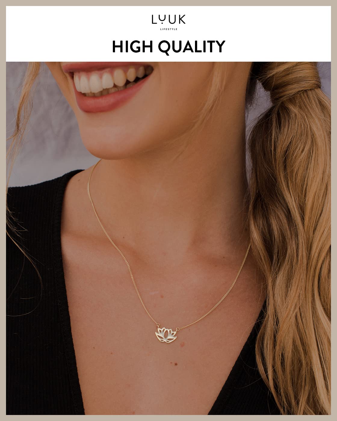 LUUK LIFESTYLE 925 sterling silver necklace with lotus flower pendant, HAPPINESS gift card, Asian zen jewelry for her, gift idea for friend, fiancée, birthday, adjustable chain length, gold