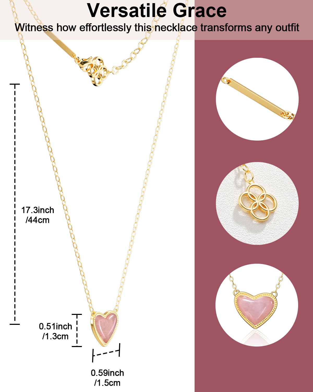 AICase 18K Gold Plated Heart Pendant Necklace for Women,Fashion Dainty Simple Adjustable Length Jewelry,Anniversary Birthday Gifts for Women/MoM/Sister/Friends/Her/Wife/Grandma/Coworker_Pink