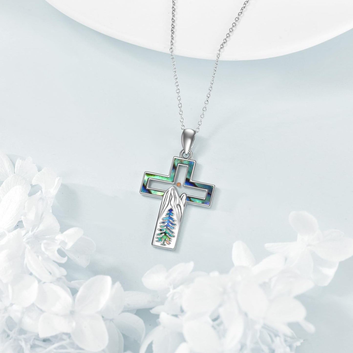YFN Mountain Necklace for Women Sterling Silver Nature Necklace Jewelry Gift for Skiers, Hikers, Campers, Climbers and Nature Lovers (Silver-Cross Necklace Mountain)