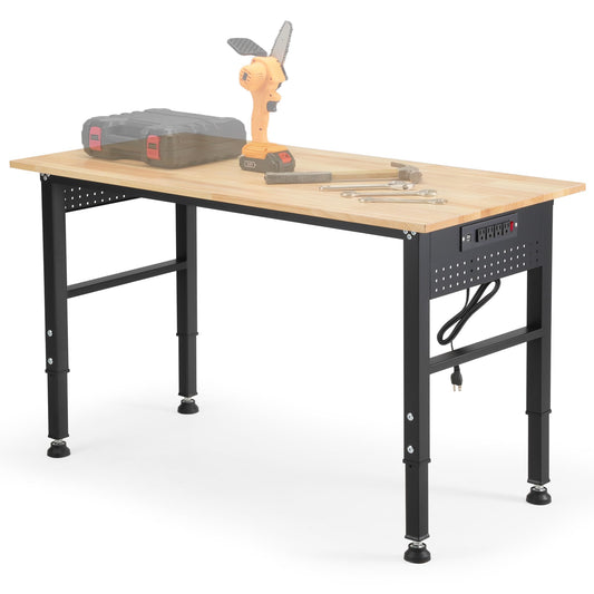 48" Adjustable Workbench with Rubberwood Top & Power Outlet,Large 48 x 24 Inch 9-Level Height Range 27"-37", 2000 LBS Heavy Duty Capacity for Workshop, Office, Garage, Home