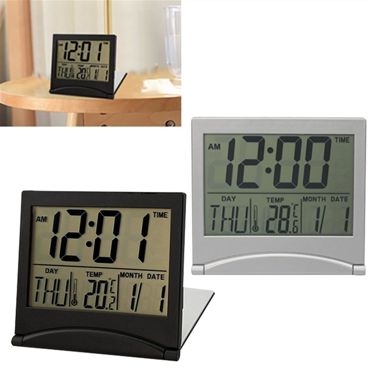 TYUHDUYUR Alarm Clock, Display Date Time Desk Table Clock Display Datum Bureau Tafel Calendar Display Alarm Clock Digital Thermometer Calendar