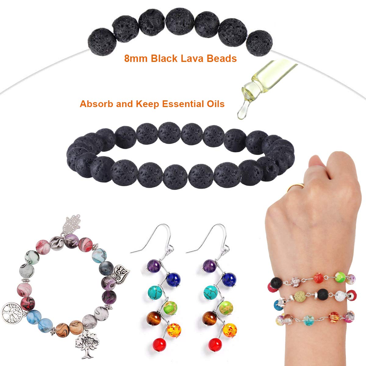 EuTengHao 1146Pcs Lava Beads Round Loose Marble Beads Ink Patterns Chakra Beads with Spacer Beads Pendants Jewelry Findings for Adult DIY Bracelet Necklace Earring Jewelry Making Crafts