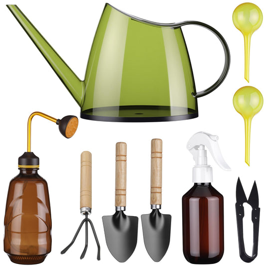 Ferrochef 13 Pcs Indoor Plant Can Set, 1/2 Gallon Watering Can, 17 oz Squeeze Bottle, 6.8 oz Spray Bottle, 6 Self Watering Globes, Gardening Tool Kit with Pruning Scissors for Plants(Lemon Green)