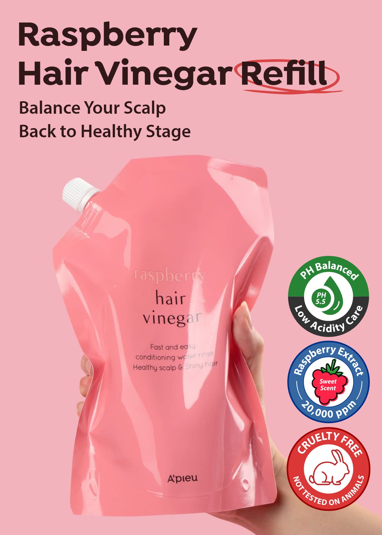 A'PIEU Raspberry Hair Vinegar Rinse Refill 13.6 fl oz - Scalp Treatment for Balanced pH, Shiny Hair | Korean Hair Care I Clarifies & Encourages Growth | Dandruff & Oil Control