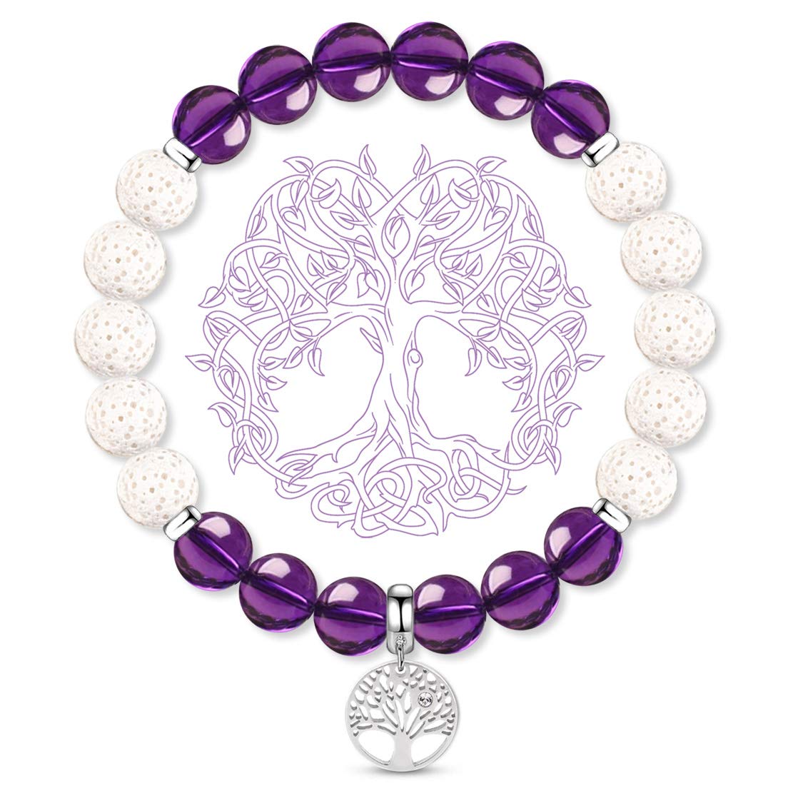 Karseer Tree of Life Charms Gemstone Beaded Bracelet Natural Crystal Amethyst White Lava Rock Essential Oil Diffuser Aromatherapy Bracelet for Women