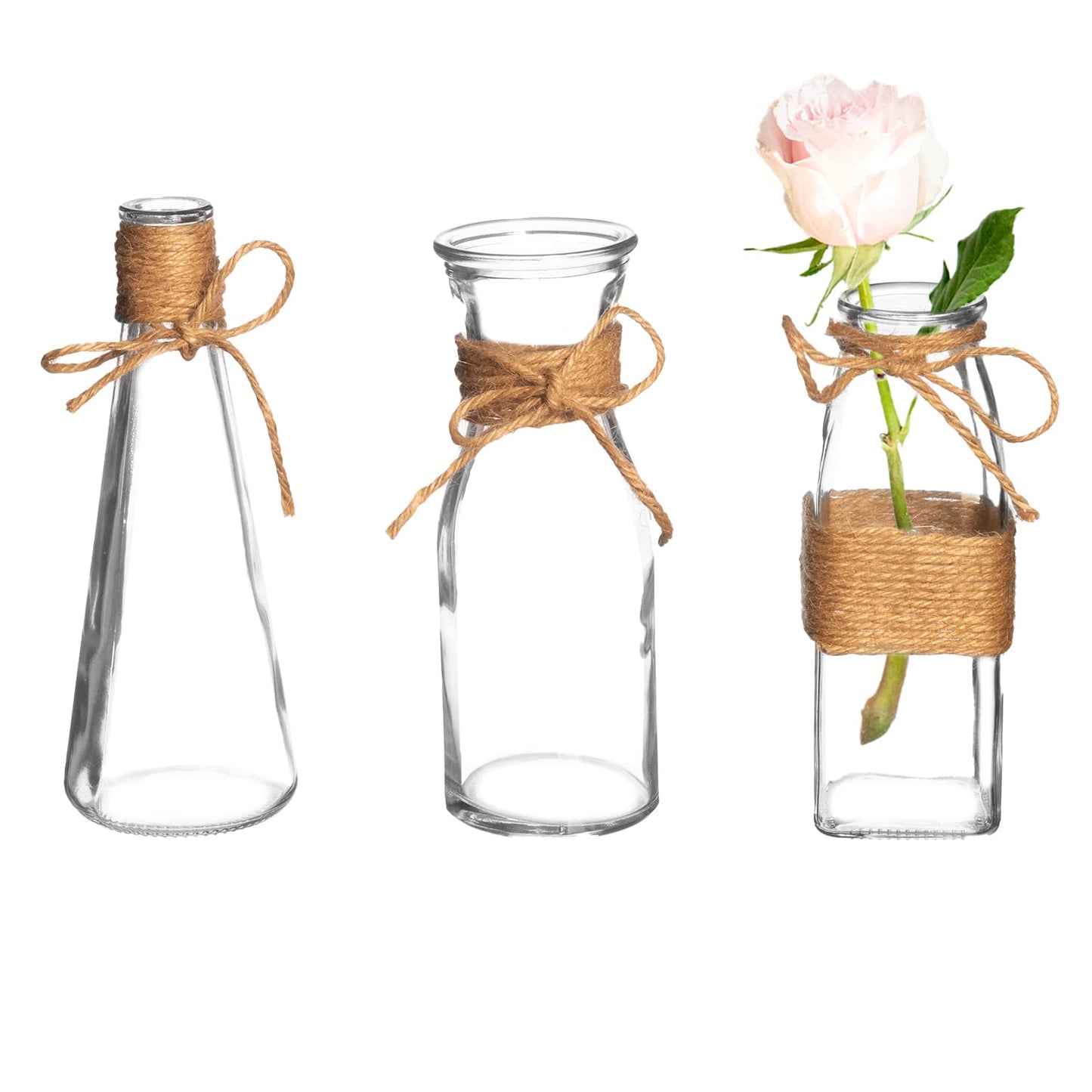 Royal Imports Clear Glass Bottle Bud Vase, Small Single Stem Flower Centerpiece, Mini Decorative Floral Jars, Rustic Farmhouse Home Decor, Kitchen, Fireplace, Shelf, Narrow One Rose Holder, Set of 3