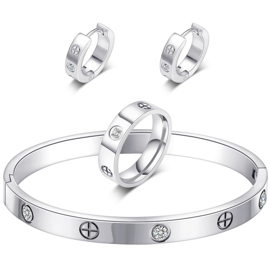 3 Pcs Hoop Earrings Bracelets Ring Sets for Women-Silver Love Bracelet CZ Cuff Bangle Hoop Earrings Friendship Love Ring Jewelry Set,Wedding Party Christmas Valentine's Day Birthday Gifts for Her