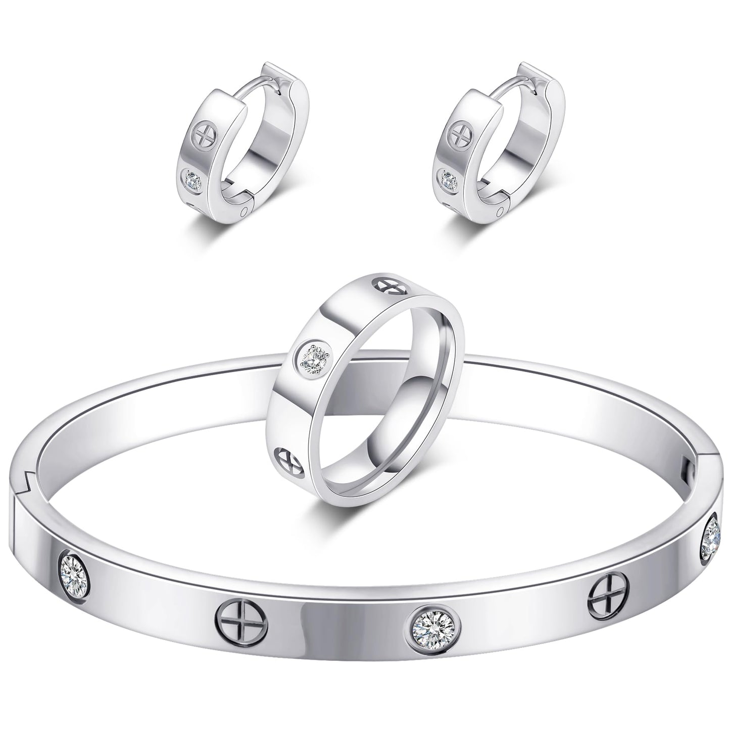 3 Pcs Hoop Earrings Bracelets Ring Sets for Women-Silver Love Bracelet CZ Cuff Bangle Hoop Earrings Friendship Love Ring Jewelry Set,Wedding Party Christmas Valentine's Day Birthday Gifts for Her