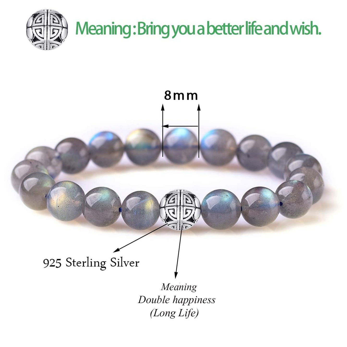 MetJakt Healing Crystals Beaded Bracelets for Womens Natural Gemstone 8mm Beads Stretch Bracelets with 925 Sterling Silver Double Happiness Pendant (Labradorite AAA)