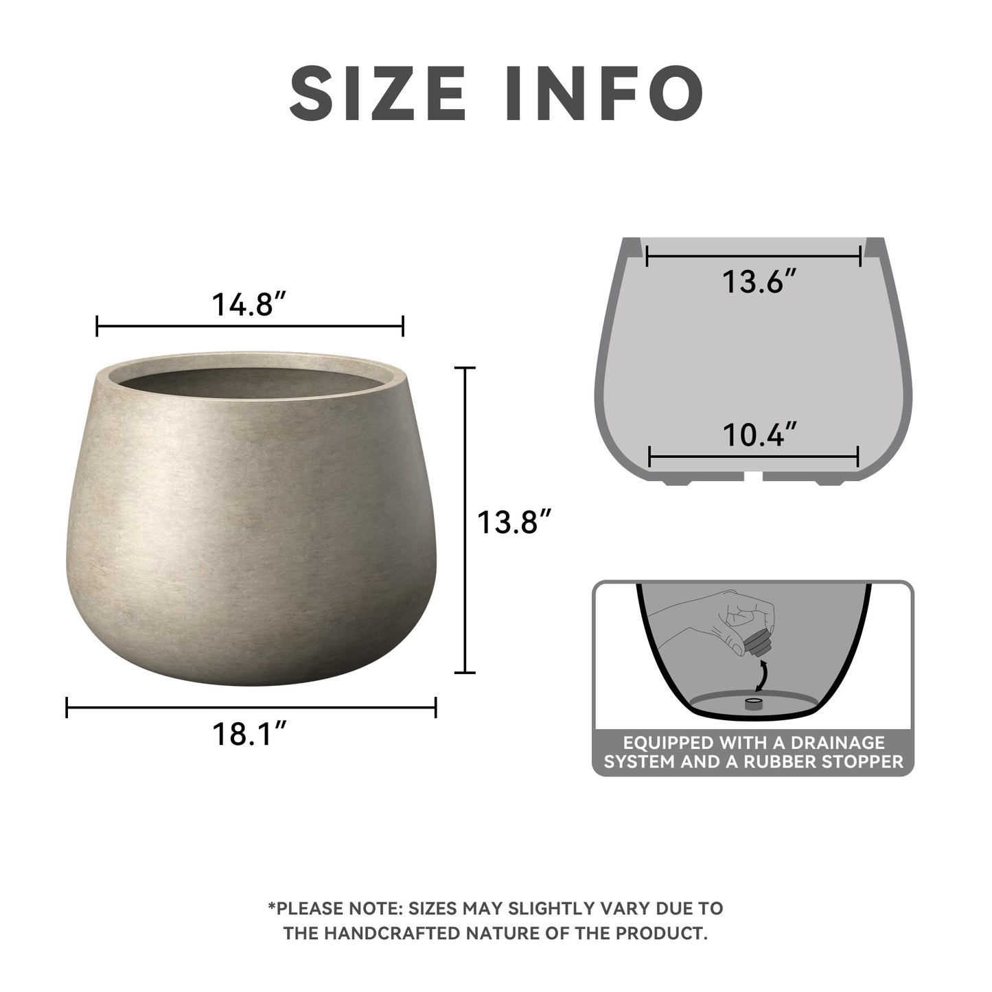 Kante Curva Series Planter, 14.8 Inch Round Concrete Garden Pot with Draiange Hole and Rubber Plug, Suitable for Indoor Plants, Home, Garden, Patio, Weathered Concrete