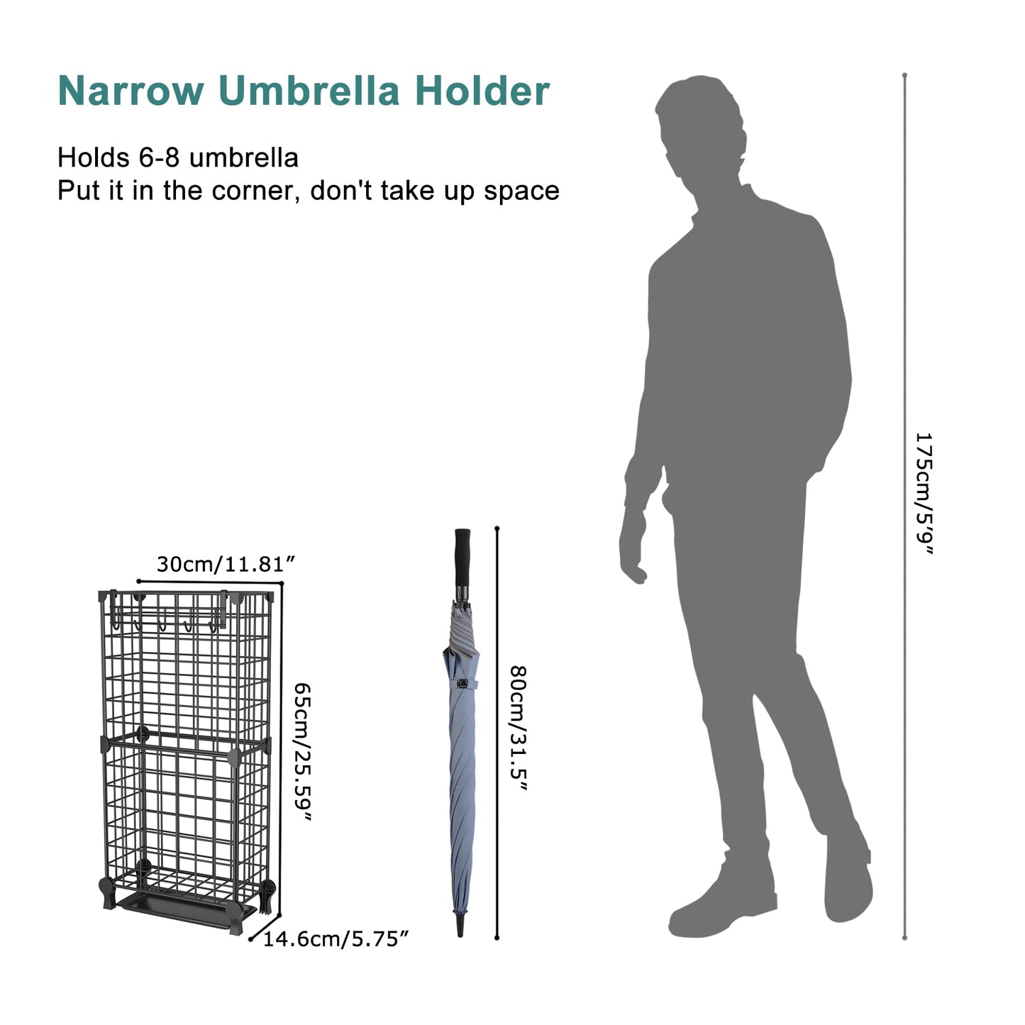 AWTATOS Umbrella Holder Entryway, Umbrella Stand Freestanding, Metal Square Umbrella Rack Organizer with a Removable Drip Tray, Hooks, Black