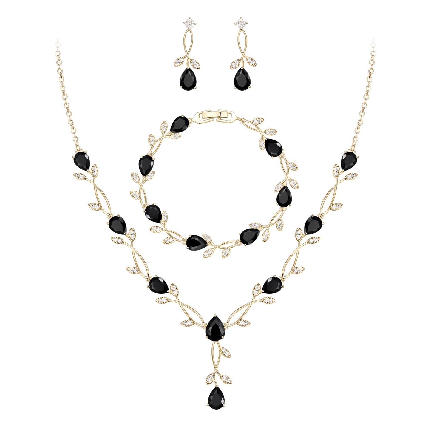 EVER FAITH Prom Party Jewelry Set for Bride Bridesmaid, Black Teardrop Cubic Zirconia Gold-Plated-Brass Leaf Vine Bridal Necklace Dangle Earrings Bracelet Sets for Women