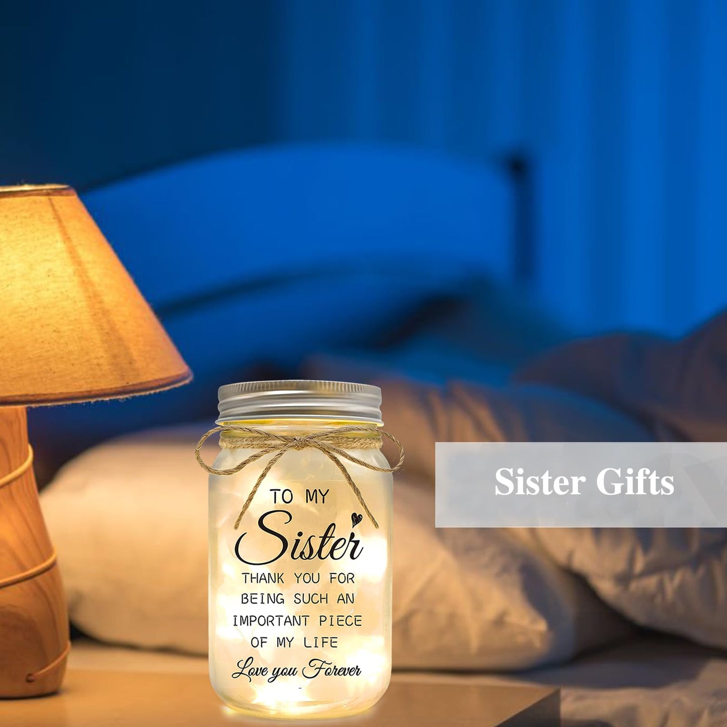 YOISTREVISK Sister Gifts - Mason Jar Night Lights with Warm Lights for Sisters, Unique Mothers Day Gifts for Sister Gift Ideas for Birthday Christmas Valentines Day, Heartfelt Home Decor Gift