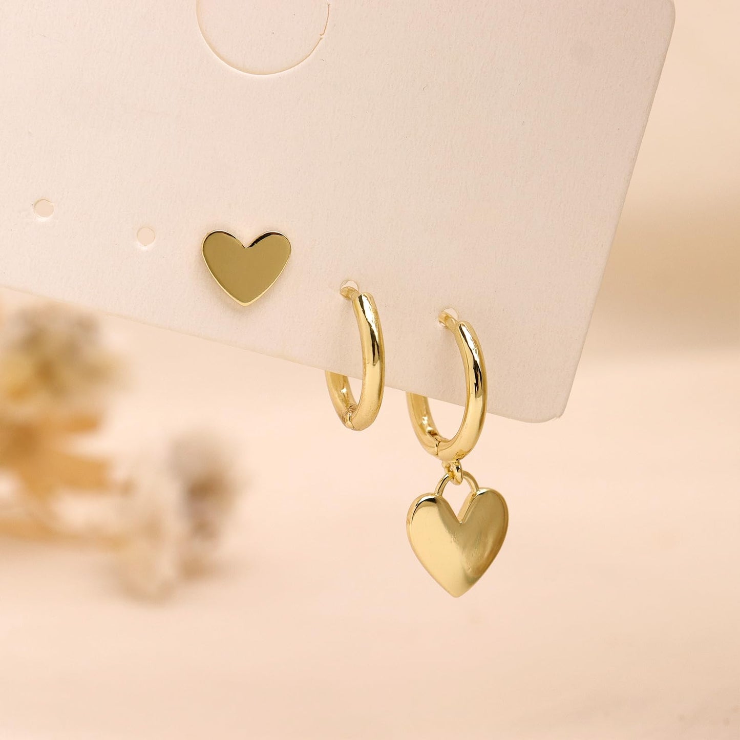 Frigotine Gold Heart Stack Earrings Set for Women 3 Pairs Trendy Dainty Small Hoop Huggie Stud Hypoallergenic Dangle Cartilage Wedding Prom Fashion Jewelry Gift