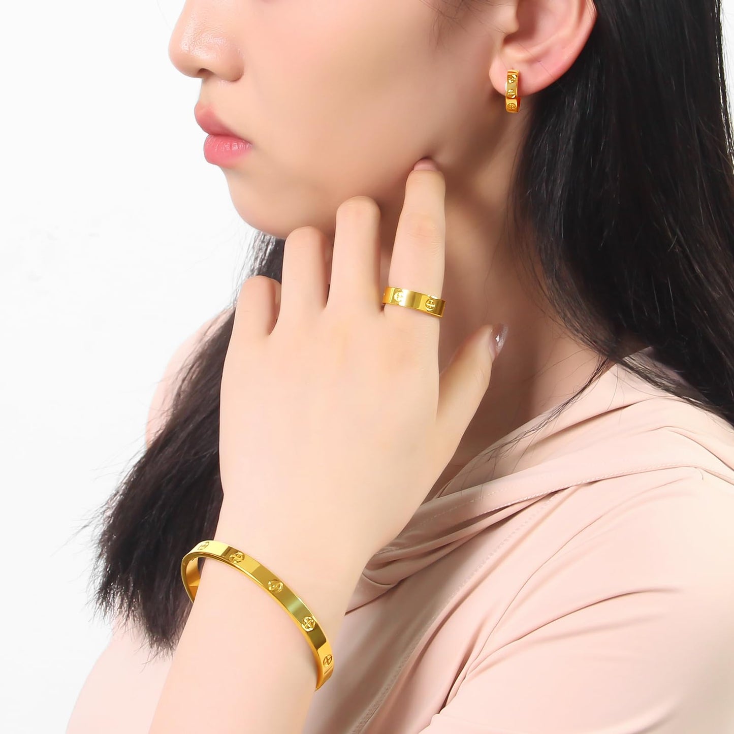 3 Pcs Hoop Earrings Bracelets Ring Sets for Women-18K Gold Plated Love Bracelet Cubic Zirconia Cuff Bangle Hoop Earrings Friendship Love Ring Jewelry Set,Wedding Party Christmas Valentine's Day Birthday Gifts for Her Girlfriend Sister Daughter
