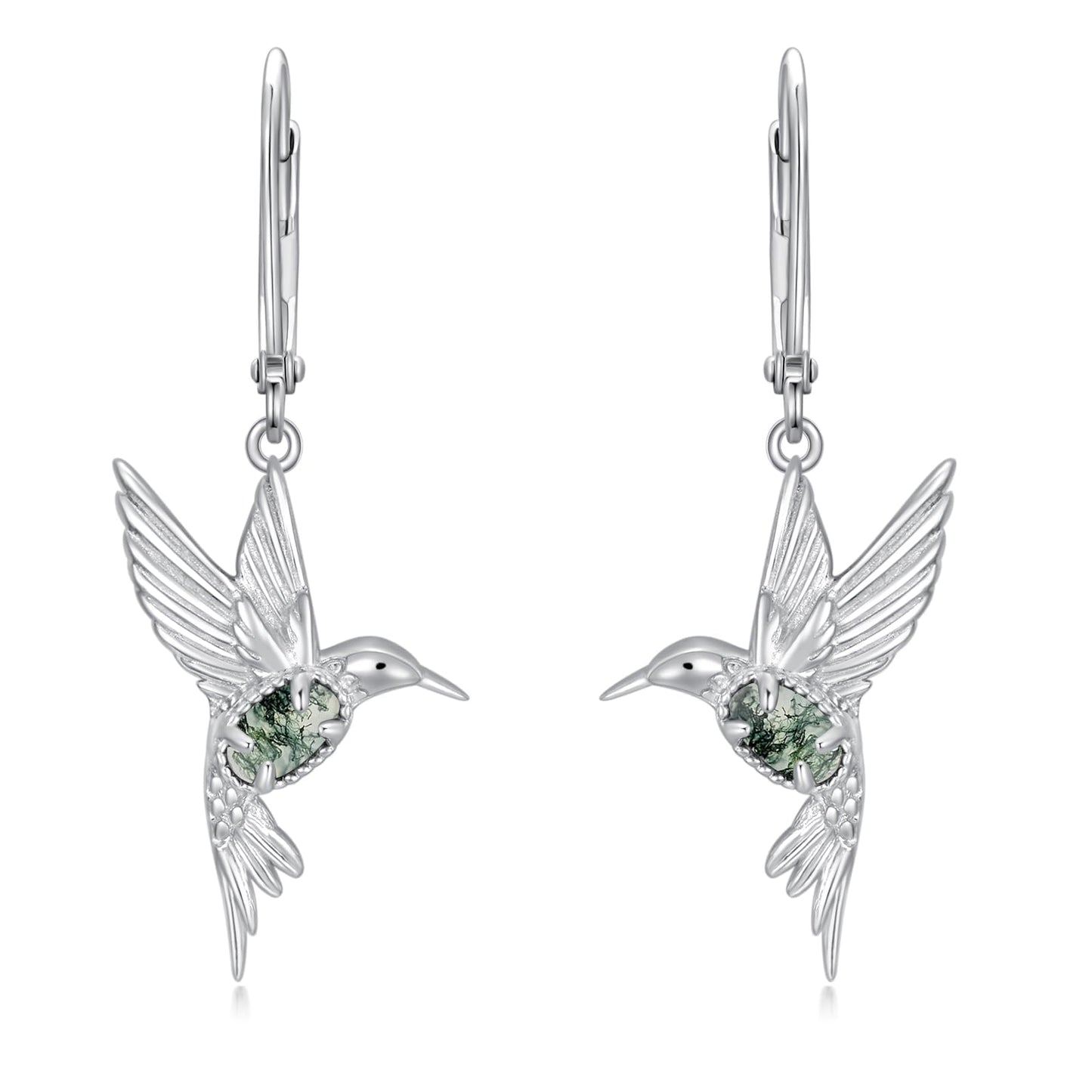 BETHZA Hummingbird Earrings 925 Sterling Silver Natural Moss Agate Hummingbirds Drop Dangle Earring Animal Jewelry Gifts for Women