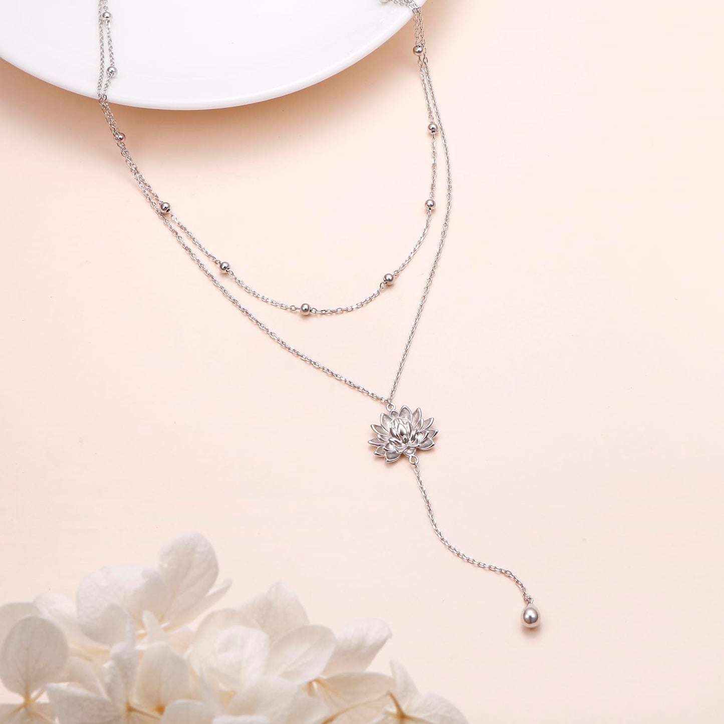 FLYOW Lotus Lariat Necklace for Women S925 Sterling Silver Yoga Flower Double Choker Y Layered Long Chain Necklace Birthday Valentine's Day Gifts for Yoga Lotus Lover Ladies Mother Wife