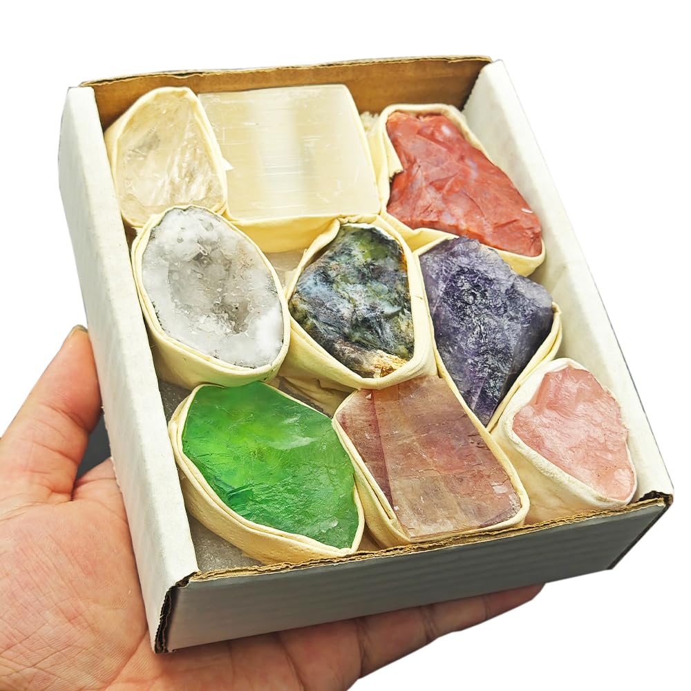 9 PCS Healing Crystals Raw Stones Set Natural Rock Minerals Specimens Collection Natural Amethyst White Crystal Fluorite Rose Quartz Assorted Gemstones Raw Energy Meditation(Crystal Rough Stone Set)