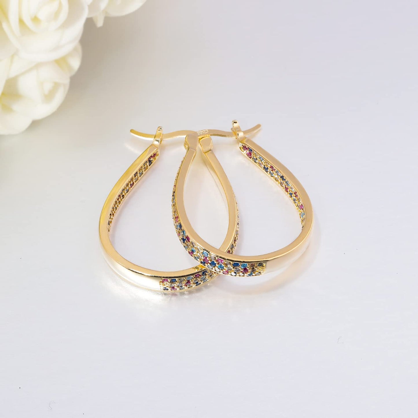 CiNily 925 Sterling Silver Post Hoop Earrings for Women Rainbow Cubic Zirconia Hoop Earrings 14K Gold Plated Oval Hoops Chunky Gemstone Earrings Jewelry