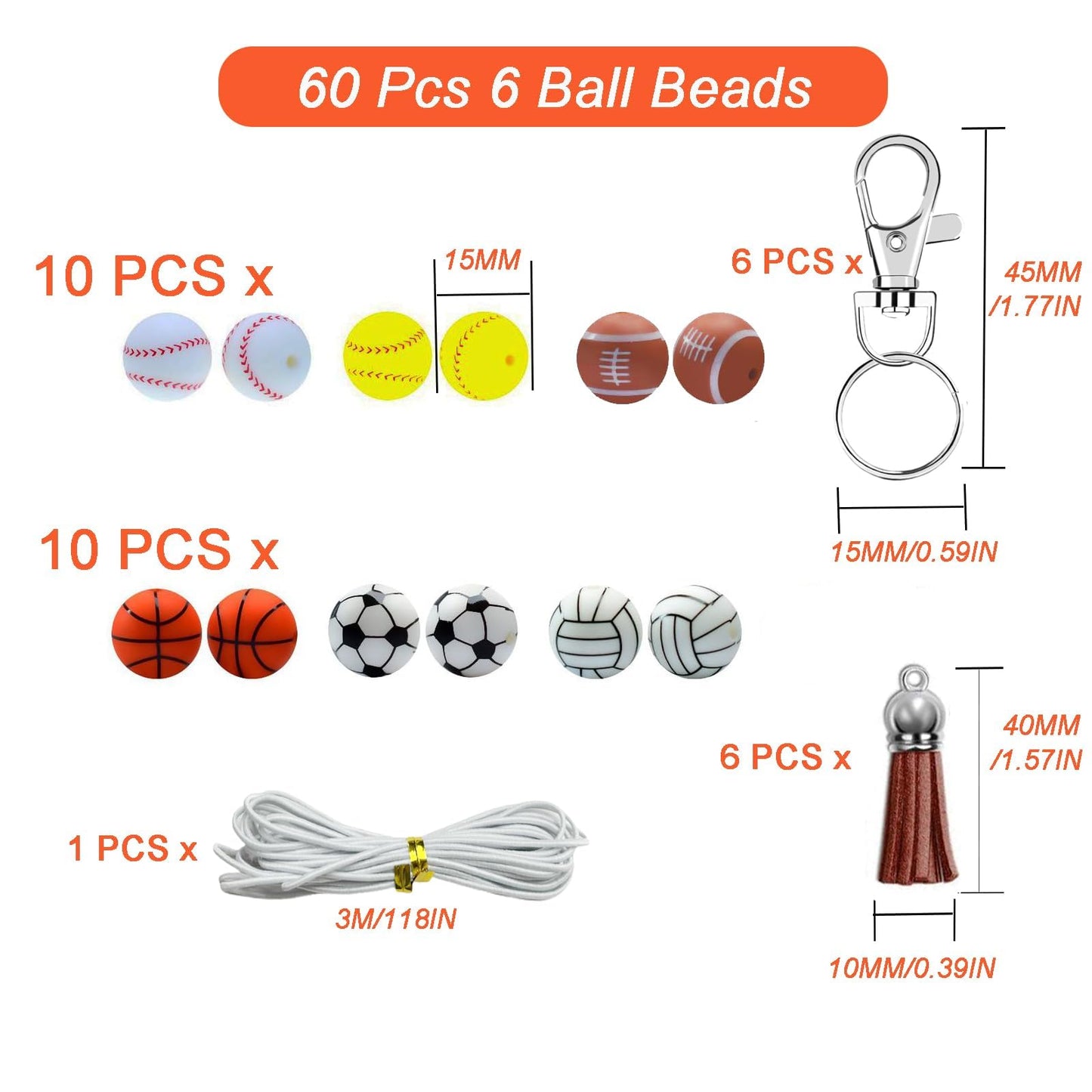 Silicone Beads, 60pcs 15mm Silicone Beads Bulk with 6 Keychain & Tassels, 5M Lanyard Making Jewelry Necklace Bracelet DIY Crafts for Pen, Xzyden Rubber Beads Sports Silicone Bead for Keychain Making
