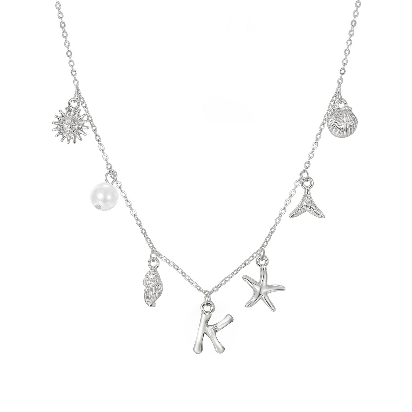 JALZEMPL Initial Charm Necklace For Women Seashell Shell Letter Boho Summer Beach Starfish 14k Gold Plated Silver Pendant Surfer Jewelry Gifts (K,Silver)