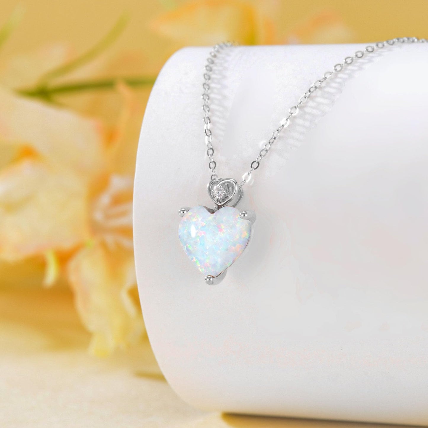 NFYBD 14k White Gold Love Heart Opal Birthstone Pendant Necklace for Women 3 Carat Heart-cut Created Gemstone Anniversary Birthday Mother's Day Necklaces for Her-October