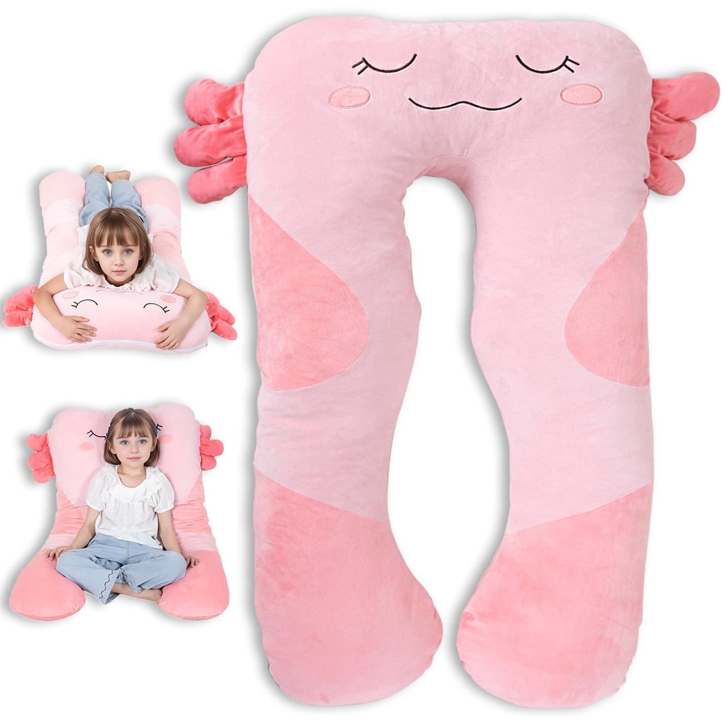 MLdian 47x23 inch U Shaped Long Plush Body Pillows for Kids, Stuffed Animal Axolotl Soft Large Pillow for Sleeping, Big Cute Plushies, Washable Cover, Gift for Boys and Girls
