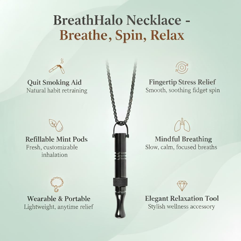 Quit Smoking Necklace with Fidget Ring & Mint Pods – BreathHalo Stop Smoking Aid Device for Stress, Anxiety & Mindful Breathing, Wearable Breathing Necklace for Fidget Relief & Smoking Cessation