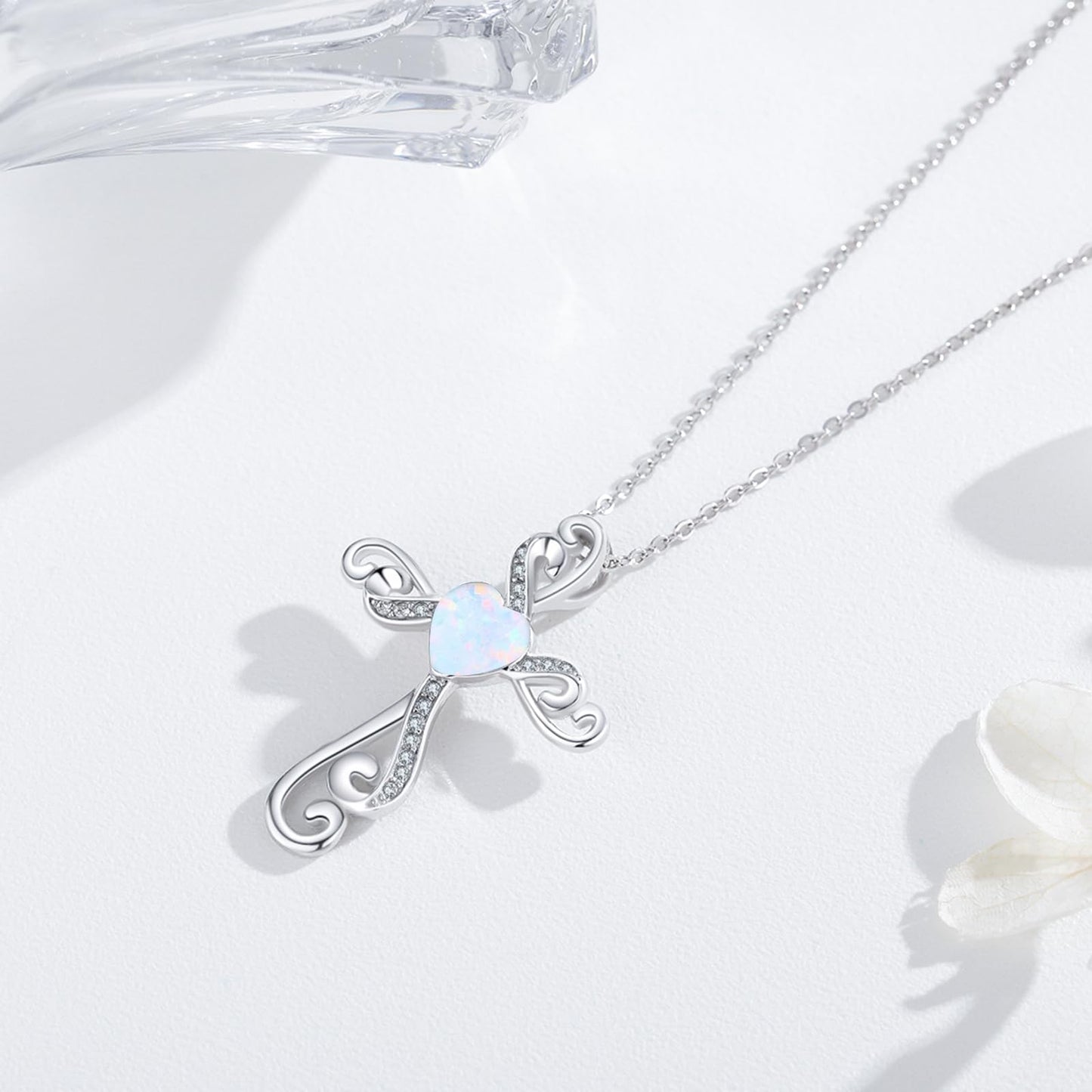Twoowl Cross Necklace 925 Sterling Silver Opal Necklace Cross Crucifix Pendant Christian Catholic Religious Jewelry Gifts for Women