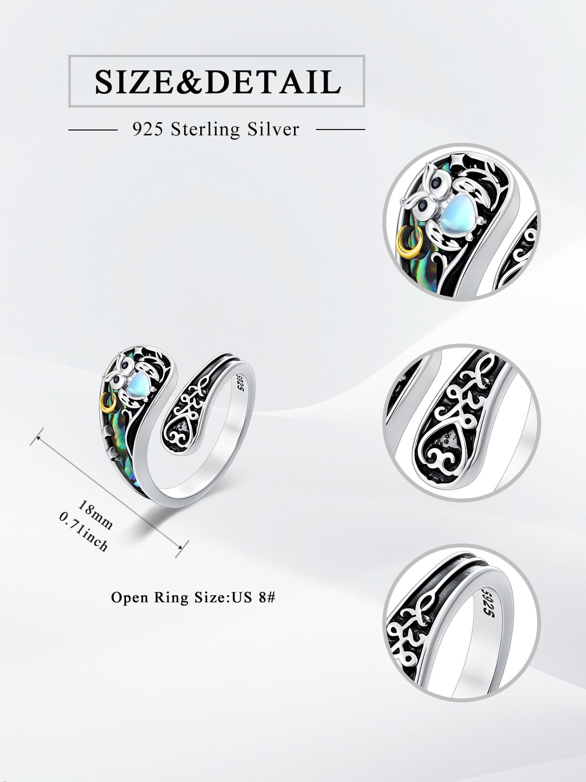 Midari Owl Spoon Rings for Women 925 Sterling Silver Abalone Shell Unique Rings Adjustable Owl Moonstone Rings Open Spoon Thumb Rings Owl Jewelry for Women Men Birthday Christmas Gifts