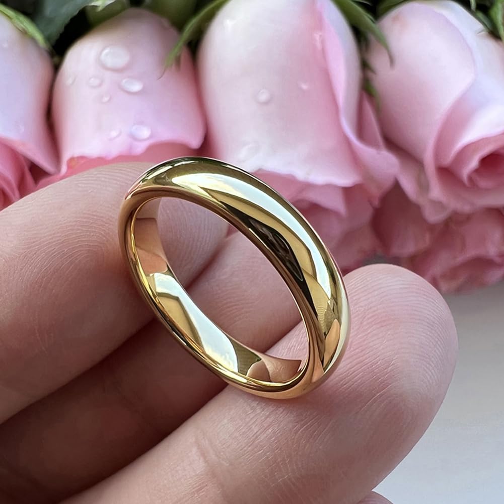 TUTISS 4mm Gold Tungsten Rings for Women Men Engagement Wedding Bands Domed Polished Comfort Fit Size 11
