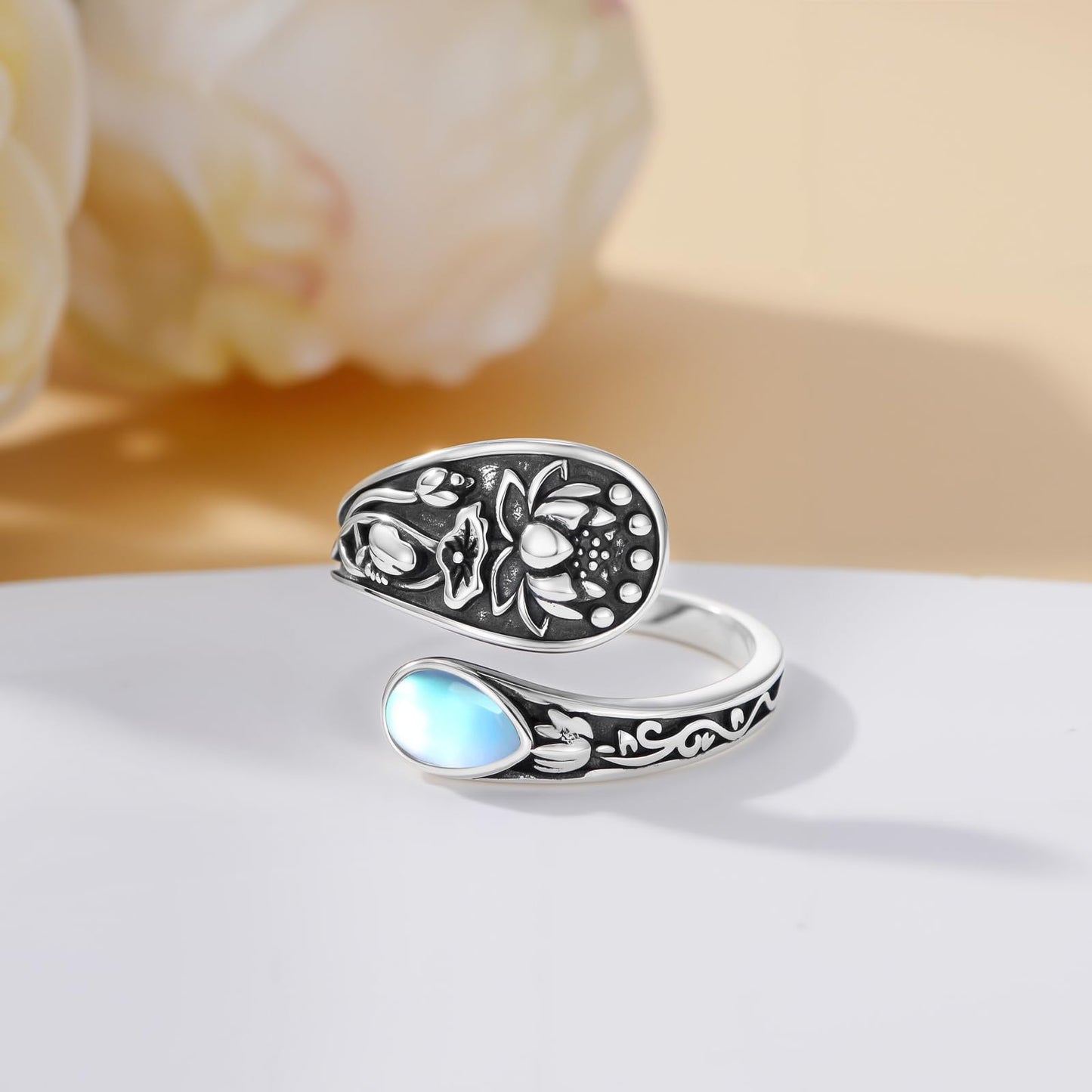 Midari Lotus Moonstone Spoon Rings for Women 925 Sterling Silver Adjustable Open Lotus Flower Finger Thumb Rings Just Breathe Jewelry for Women Yoga Lovers Birthday Christmas Gifts (with Fine Box)