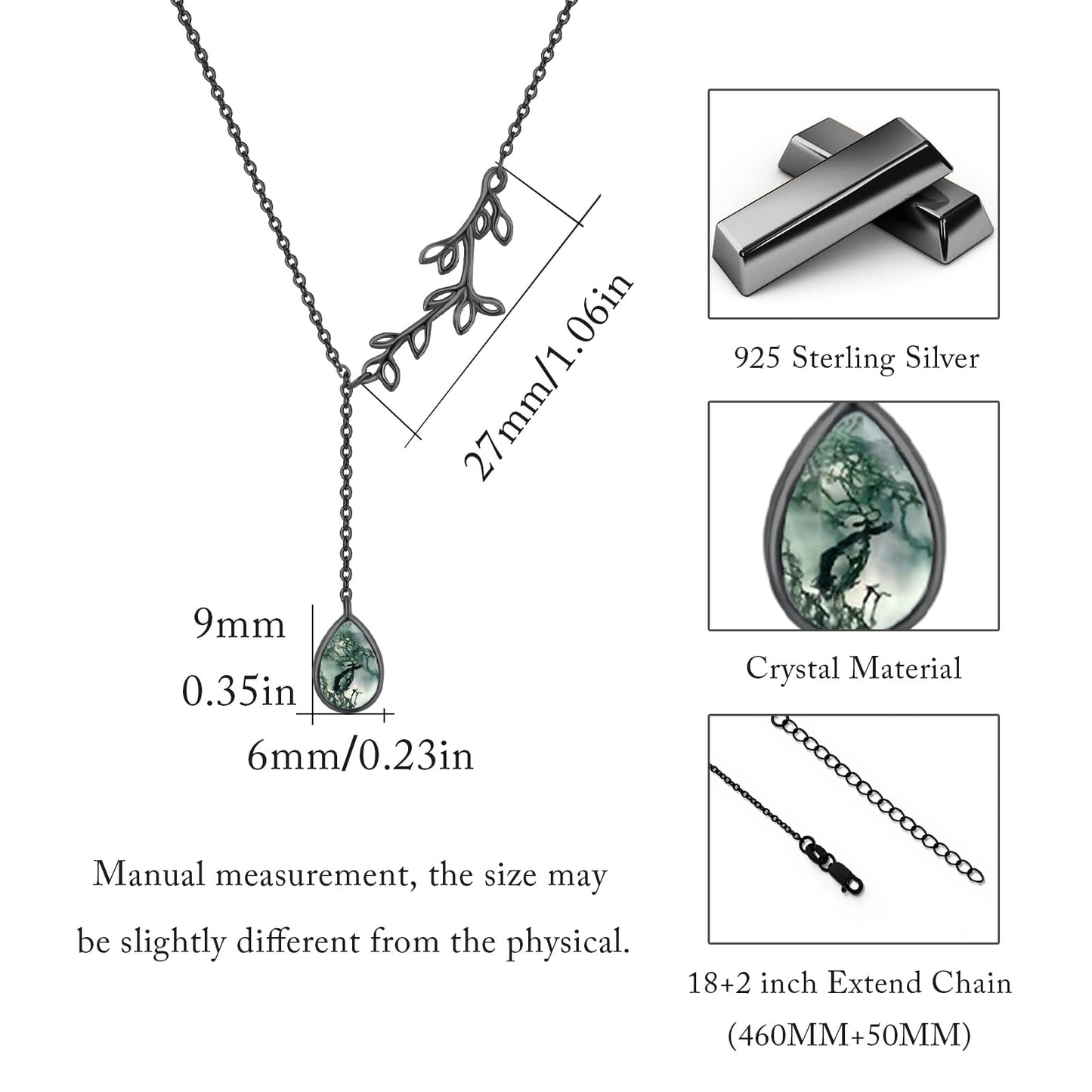 Silikepa Leaf Necklace for Women 925 Sterling Silver Black Leaf Pendant Necklace Y Chain with Moss Agate Jewelry Gifts for Women