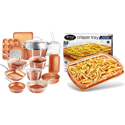 Gotham Steel Hammered Copper Collection – 20 Piece Premium Pots and Pans Set & Air Fryer Basket for Convection Oven, 2 Piece Nonstick Copper Crisper Tray