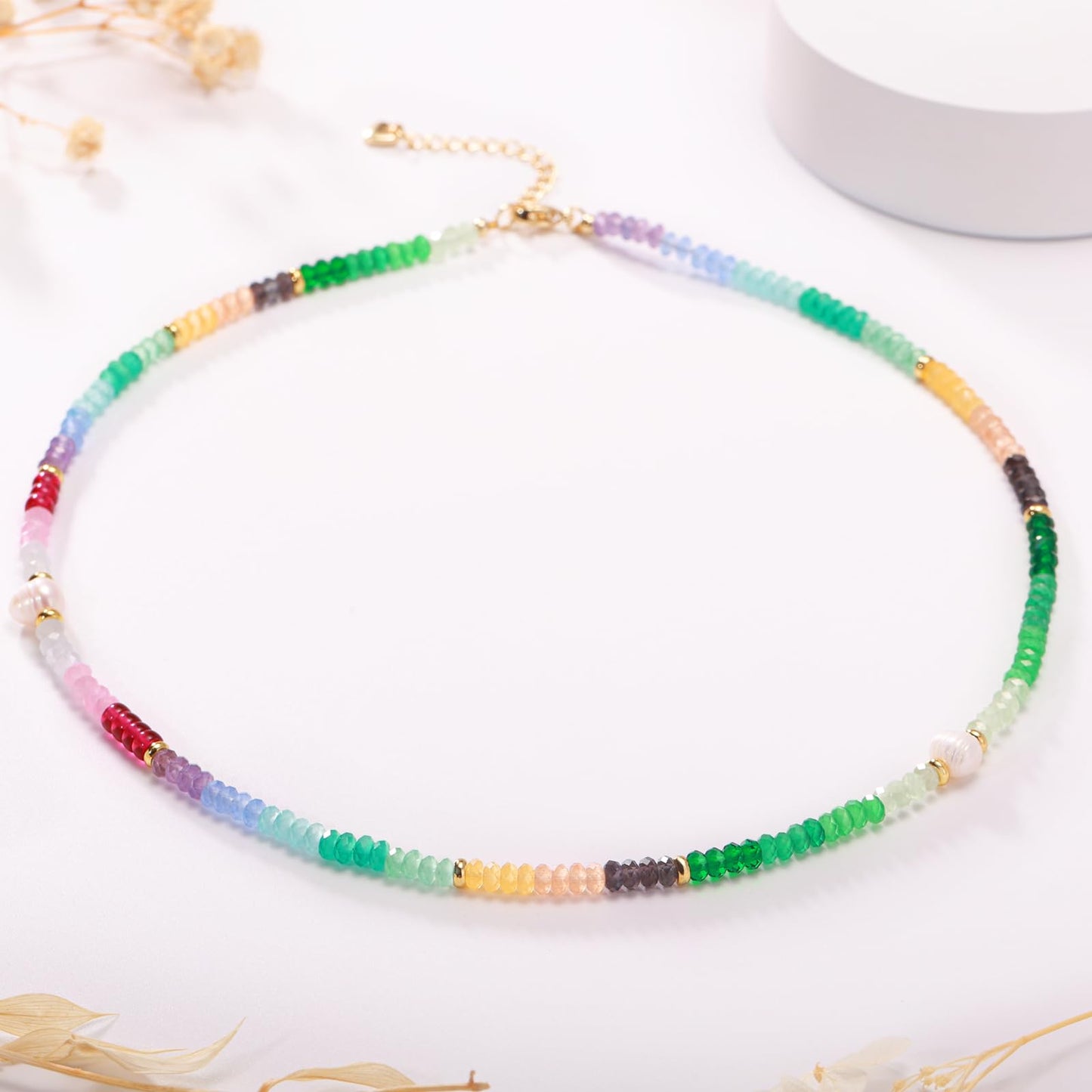 Gmissbabicoo Healing Crystal Necklace for Women Spiritual Ruby Beads Handmade Pearl Gemstone with 18k Golden Plated Colorful Crystals Stones Beaded Adjustable Necklaces with Jewelry Box