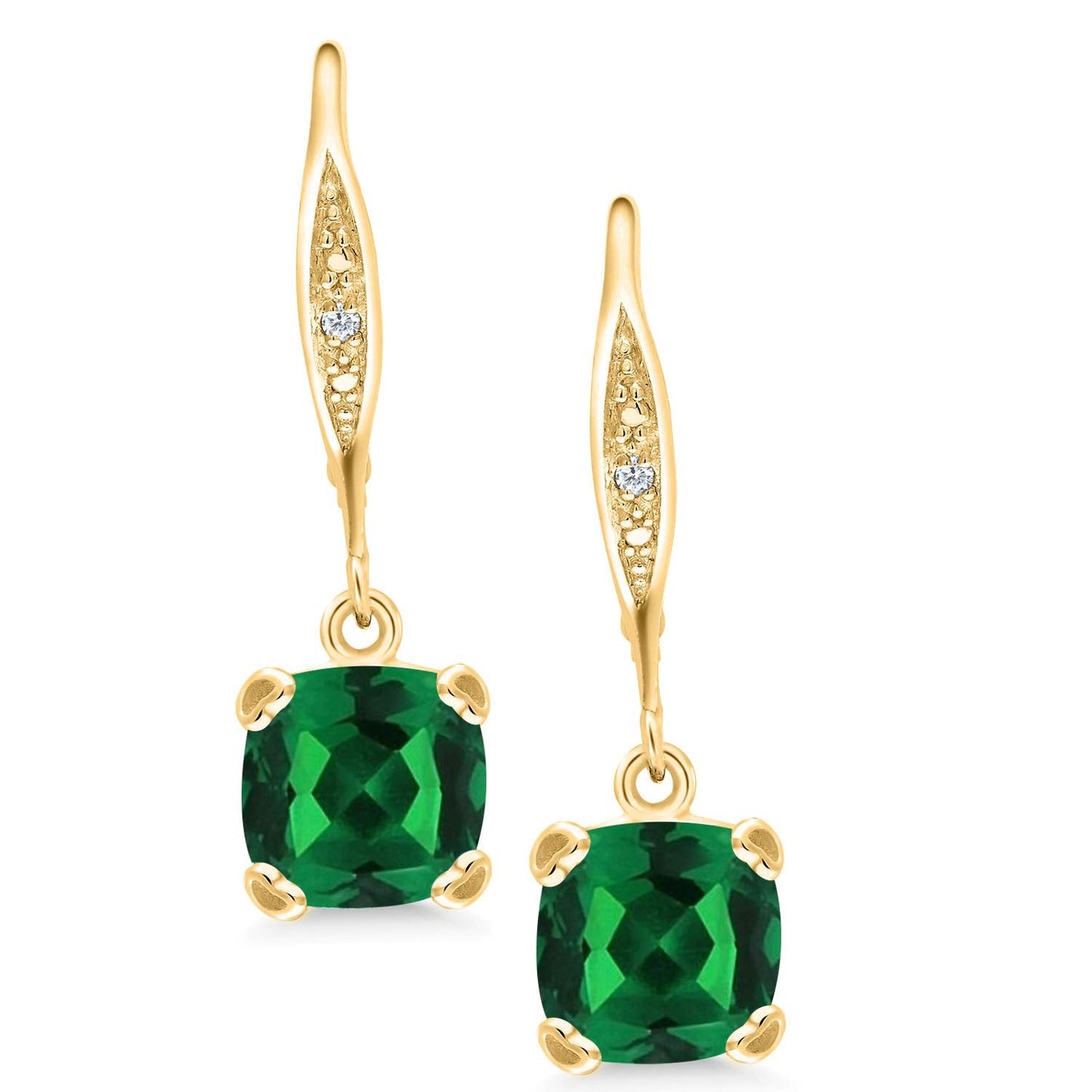 Gem Stone King Drop Dangle Earrings For Women | 7MM Cushion Cut Gemstone Birthstone and Diamond | 925 Sterling Silver | Jewelry Gift for Mom Wife Her | Nano Emerald-May | Yellow Gold