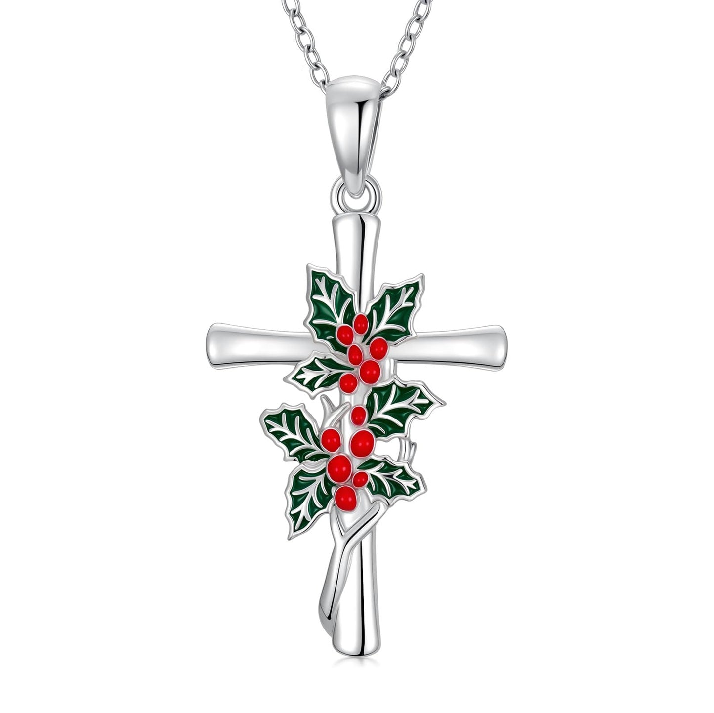 Cargari Holly Cross Necklace for Women 925 Sterling Silver Holly Cross Pendant Necklace Christmas Floral Jewelry Gift for Women