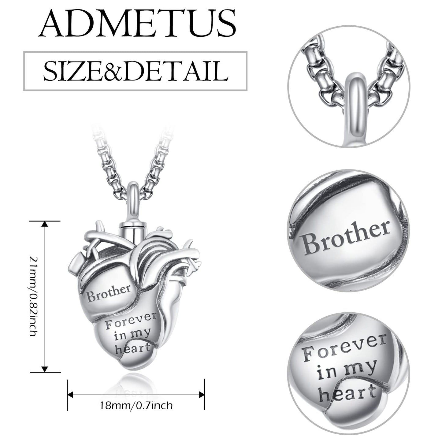 Personalized Anatomical Heart Urn Necklaces for Ashes Sterling Silver Ash Pendants Cremation Jewelry Brother Keepsake Pendant Memorial Jewelry Gifts for Loss of Brother