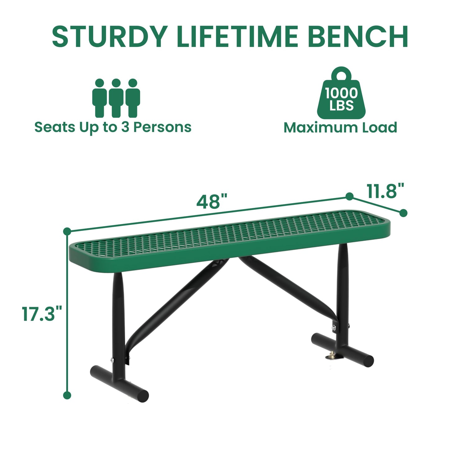 Hillzzer 4FT Metal Park Bench for Outside, Heavy-Duty Outdoor Bench with Thermoplastic-Coated, Weatherproof Steel Mesh Bench for Parks, Gardens, Patios, Stores, Green