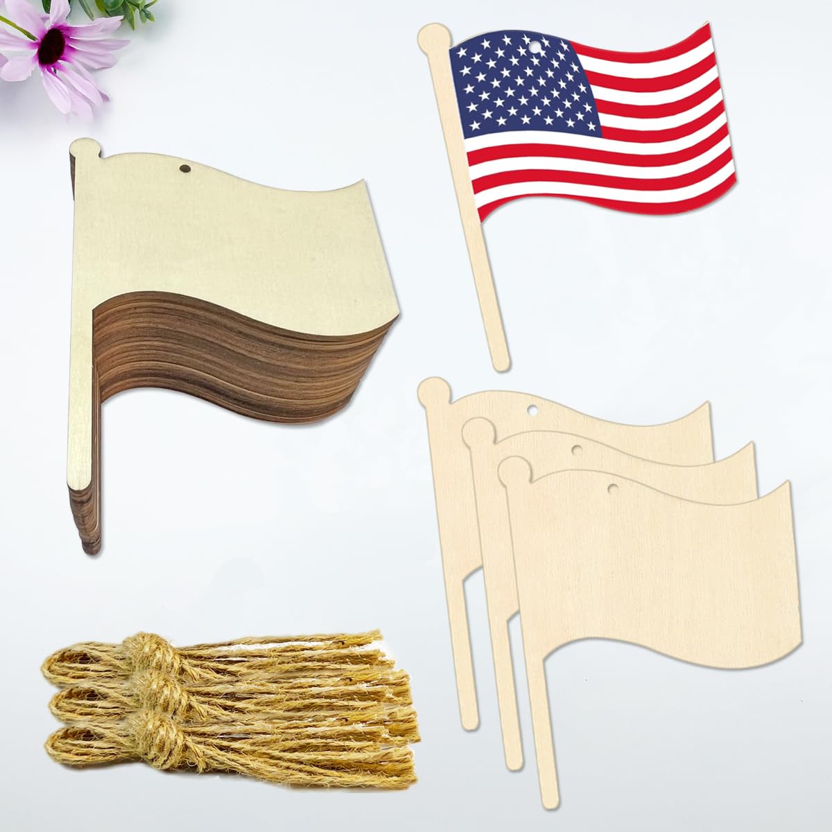 30 Pcs 4 Inch Unfinished Wood Flag Cutouts DIY Crafts Wooden Flag Shaped Hanging Ornaments with Hole Hemp Ropes for Summer and July 4th Decor and Crafting