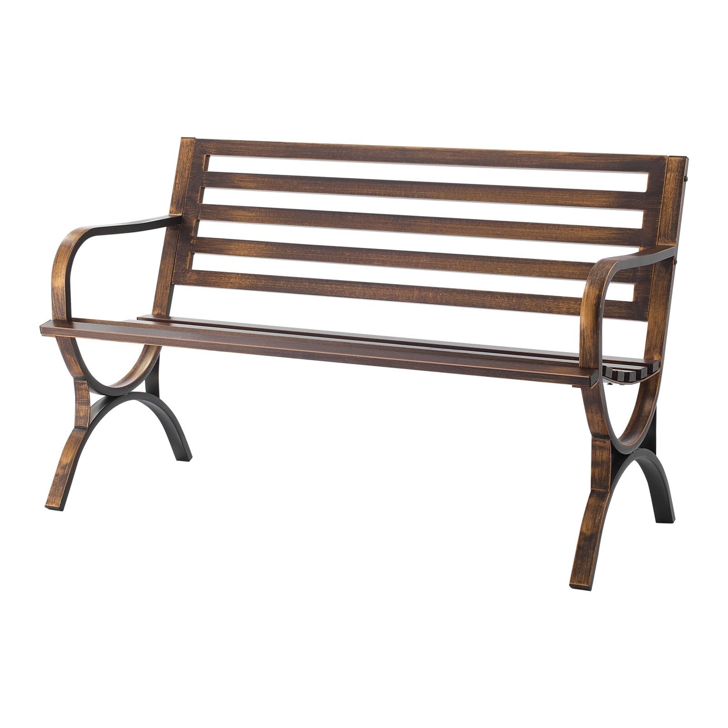 VEVOR Outdoor Bench, 50 inch, Carbon Steel Metal Frame with Slatted Pattern Backrest and Round Edge Armrests, Weatherproof Outside Bench for Patio, Garden, Park, Yard, Front Porch, Antique Bronze