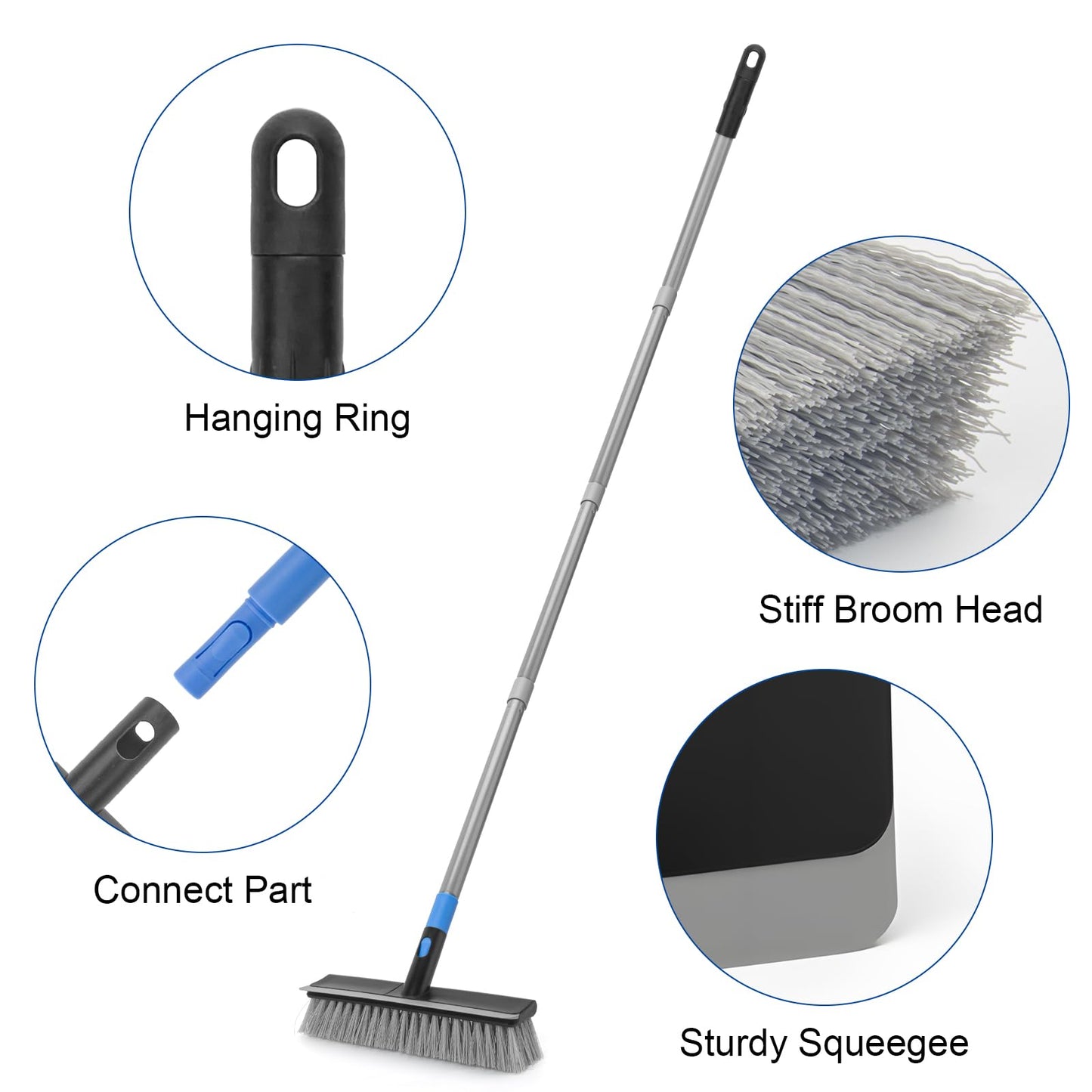 KeFanta Deck Brush with Long Handle, 2 in 1 Floor Scrub Brush for Cleaning, 56" Stiff Bristle Outdoor Scrubber Brush for Patio Concrete Boat Garage Bathroom Kitchen Wall Shower