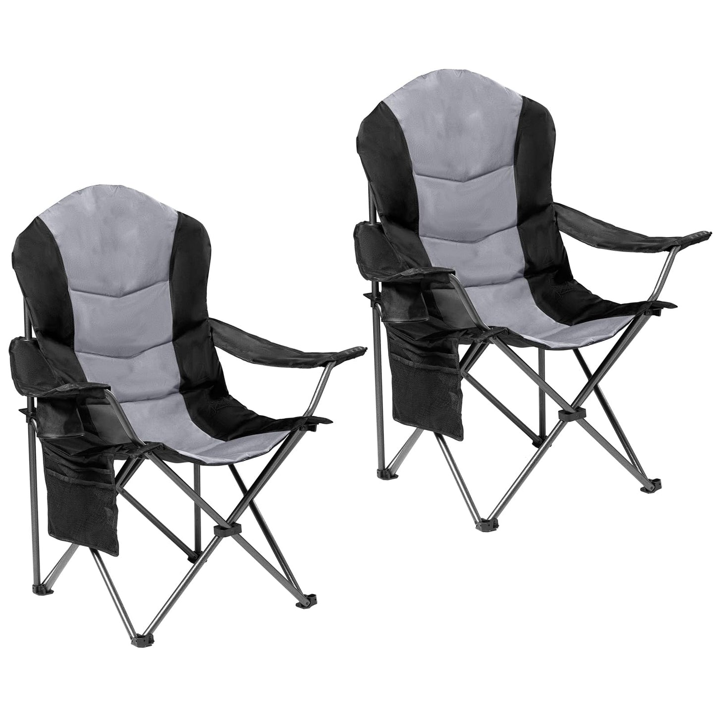 Foristrail 2 Pack Folding Camping Chairs for Adults - High Back Padded Outdoor Lawn Chairs with Lumbar Support & Cup Holder, 400lbs Heavy Duty Portable Camping Chairs Set (Black & Light Gray)